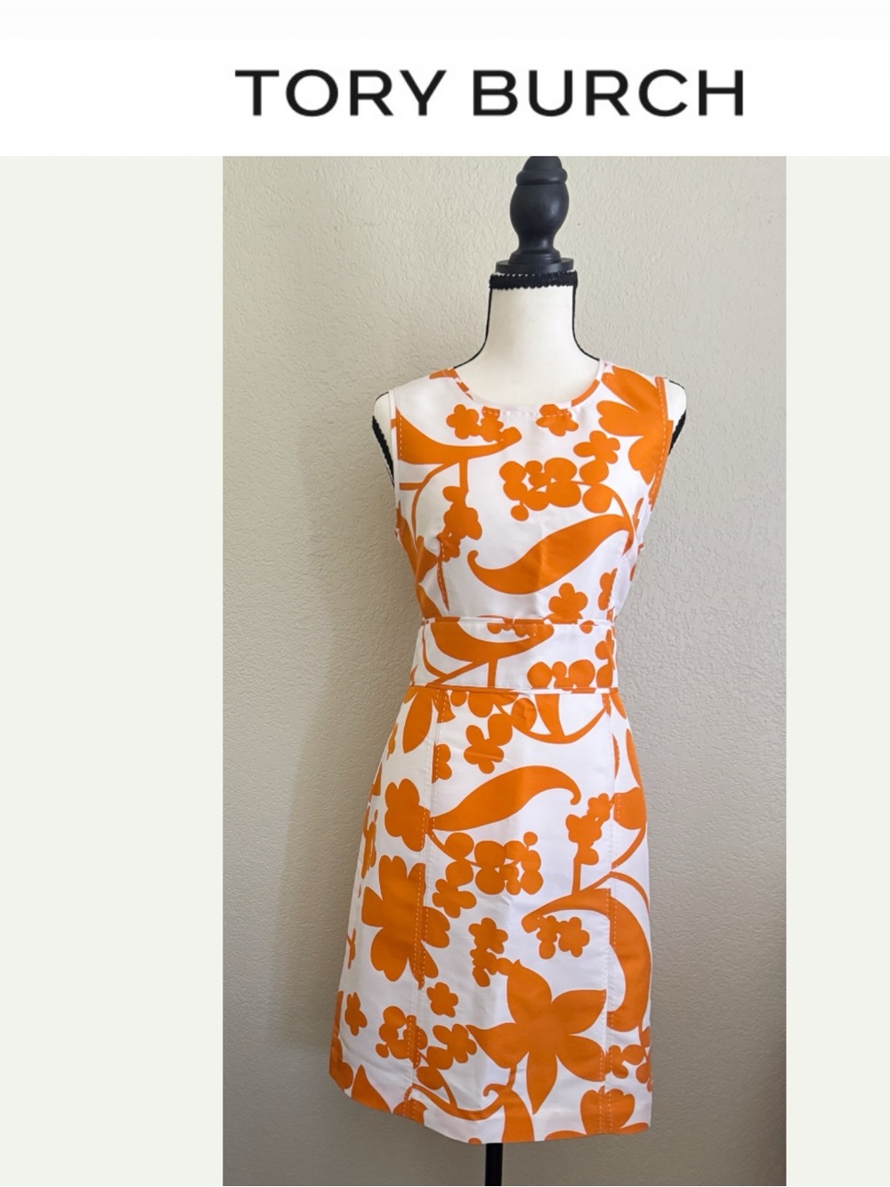 Tory Burch Chase Silk Sleeveless Dress Size 8 Orange/White